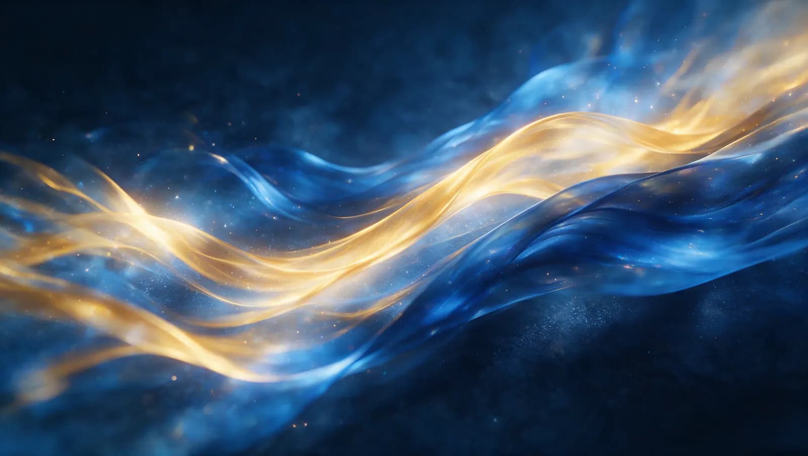 Soft ribbons of golden and blue light flowing across a dark screen