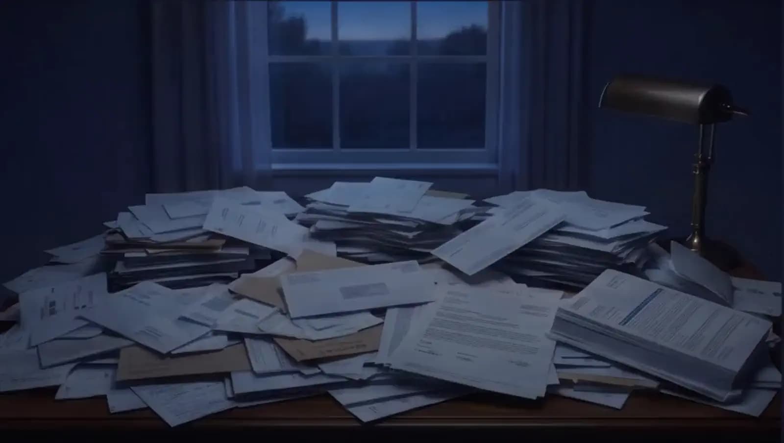 A desk buried in paperwork; glowing gold agents with sapphire ribbons sort it into four neat stacks, leaving a clear desk and a cup of coffee