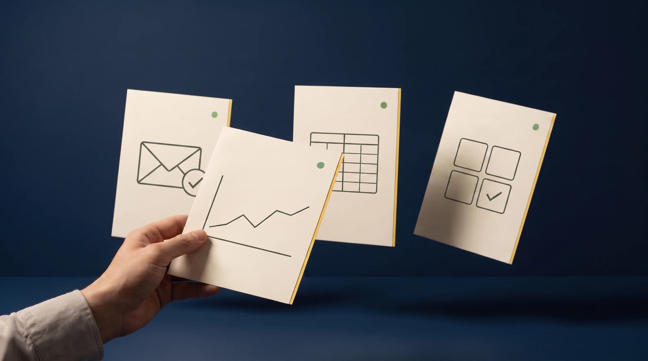 A person selecting a completed report from four finished work outputs