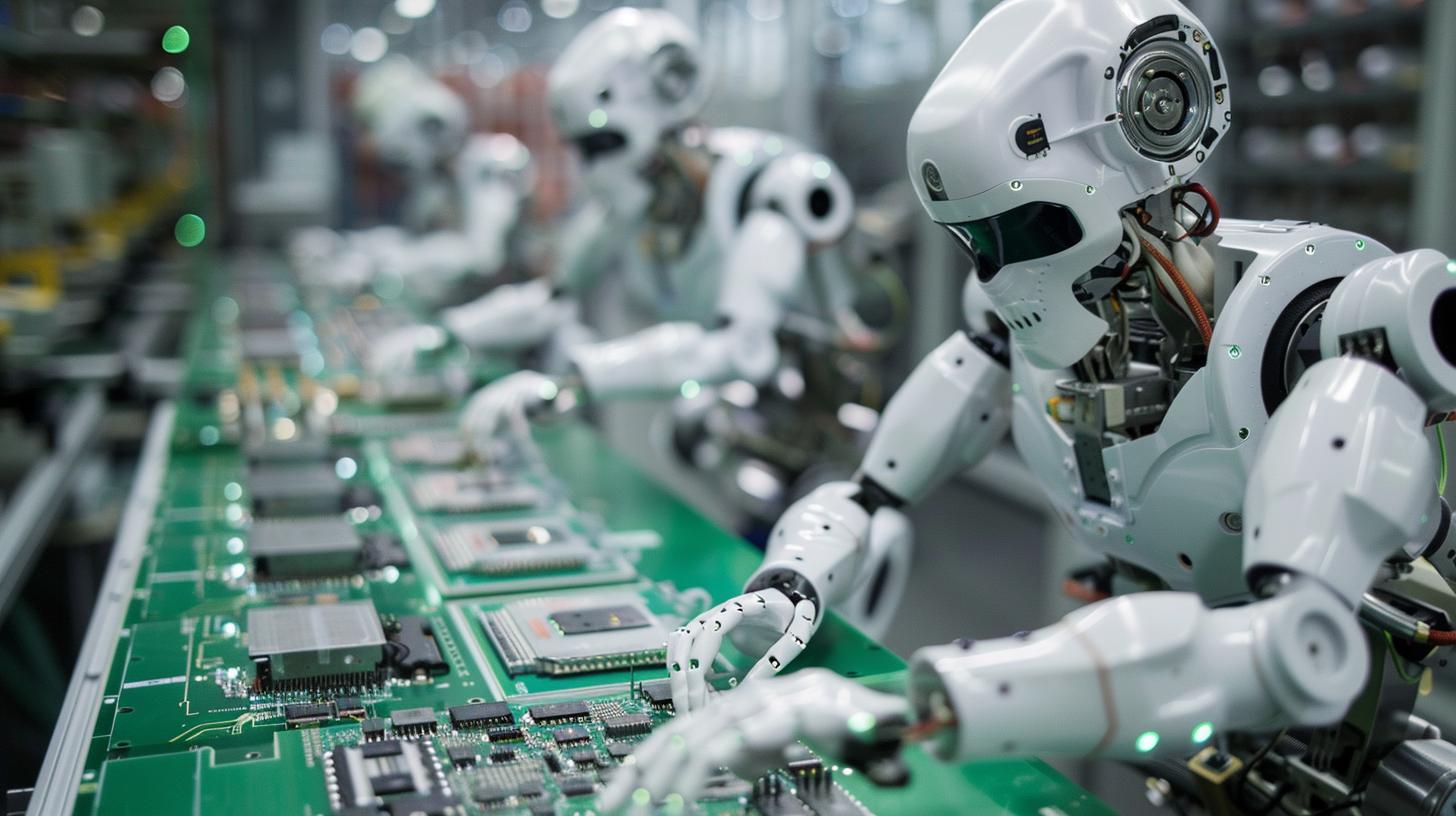 Robots assembling electronic circuit boards in a factory setting.